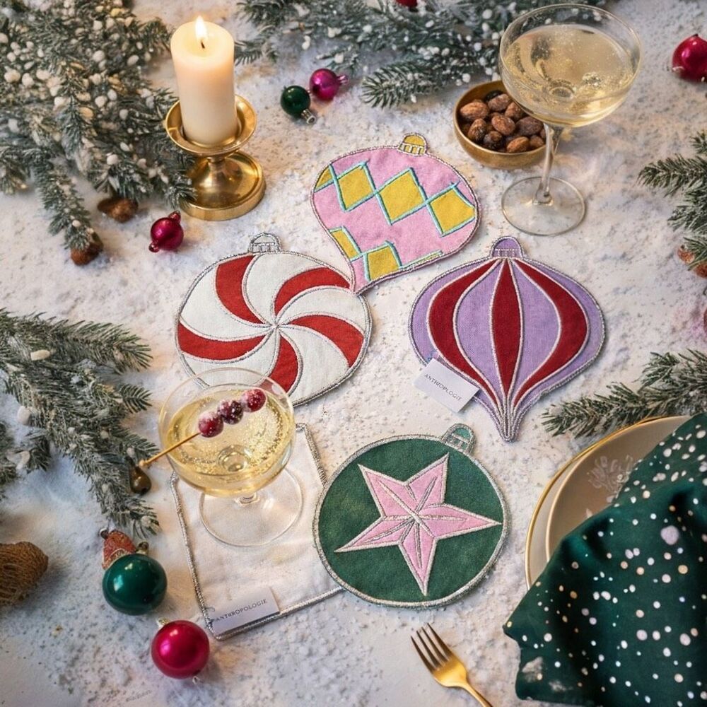Anthropologie Tinsel Cocktail Napkins Set of 4 | Festive Embroidered Cotton, New